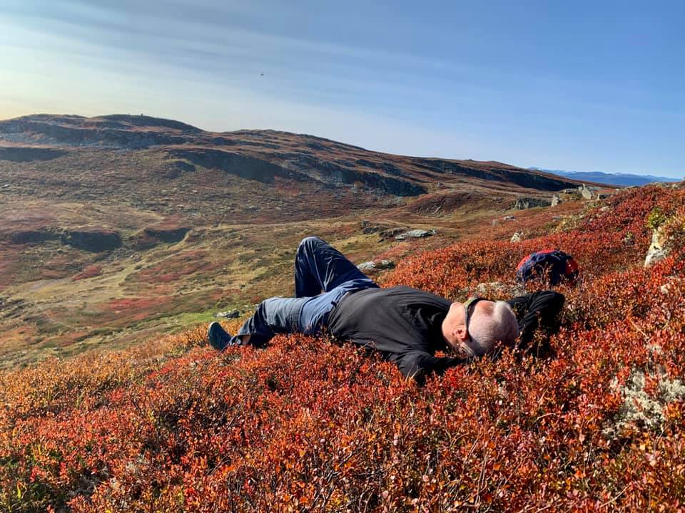 Mann ligger i lyngen på fjellet og slapper av